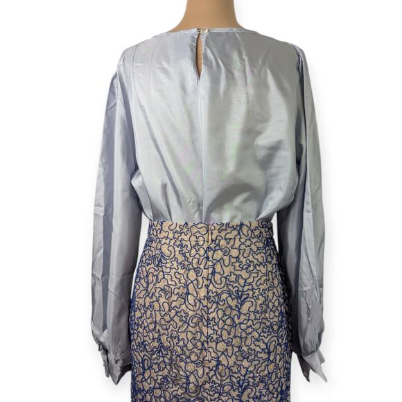 70s Dove Gray Satin Blouse XL with Floral Cutouts ~ Art Deco Revival EUC - Picture 4 of 12